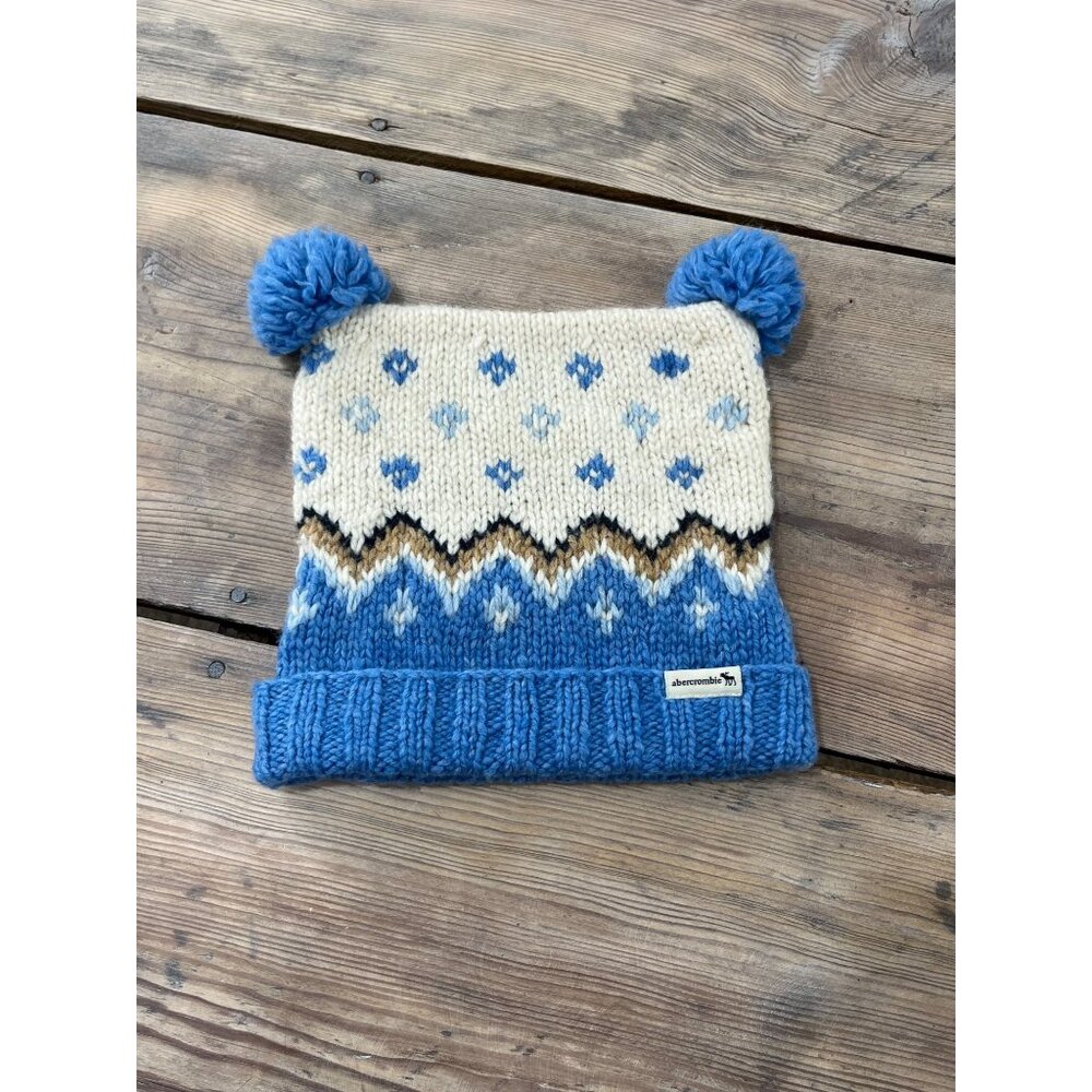 Abercrombie & Fitch Lambswool Fair Isle Pom Pom Children Beanie Hat Blue